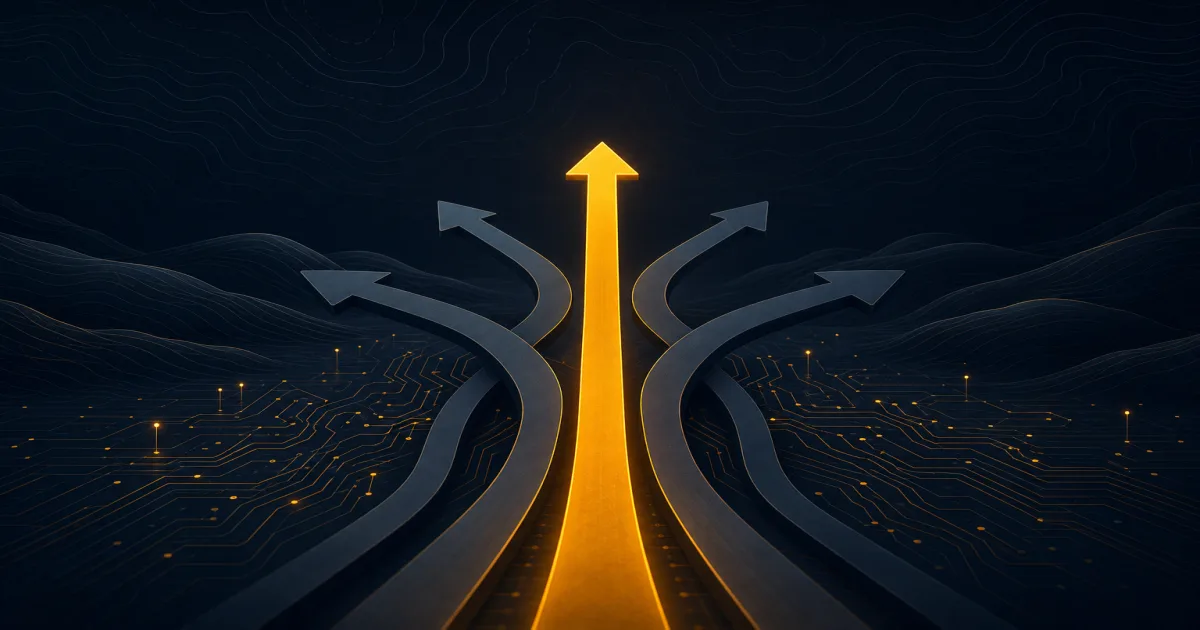 Abstract illustration of branching arrow paths rising past a stylized circuit-board grid, with one path glowing brighter than the rest.