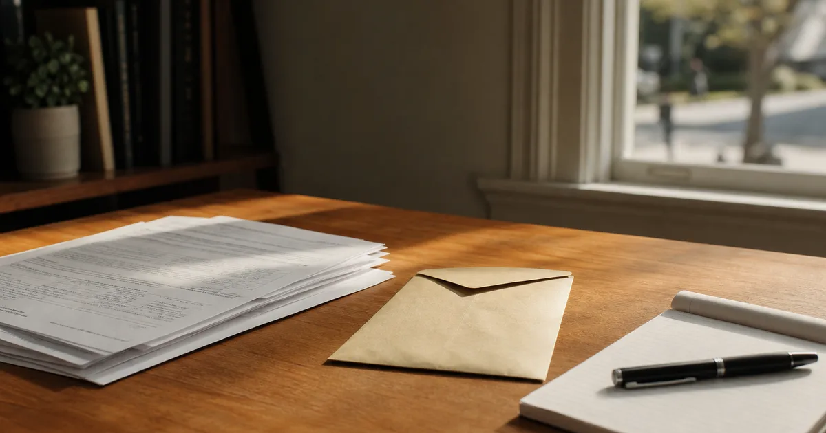 A wooden desk near a sunlit window with tax forms, a sealed envelope addressed to the IRS, and a pen resting on a notepad with handwritten notes