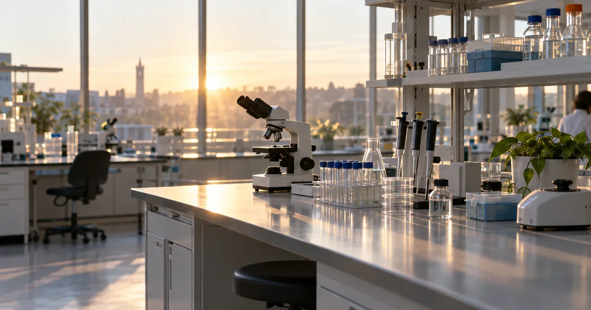 A researcher in a university lab reviewing data on a monitor beside lab equipment, natural window light