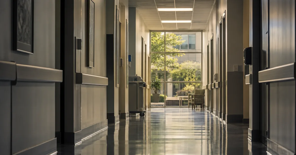 A long empty hospital corridor with polished floors reflecting overhead fluorescent lights, a window at the far end showing a sunlit courtyard, photographed