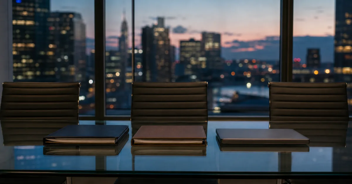 A recruiting office meeting room at dusk, an empty glass conference table holding two stacked resume folders and a closed laptop lid, city lights blurred