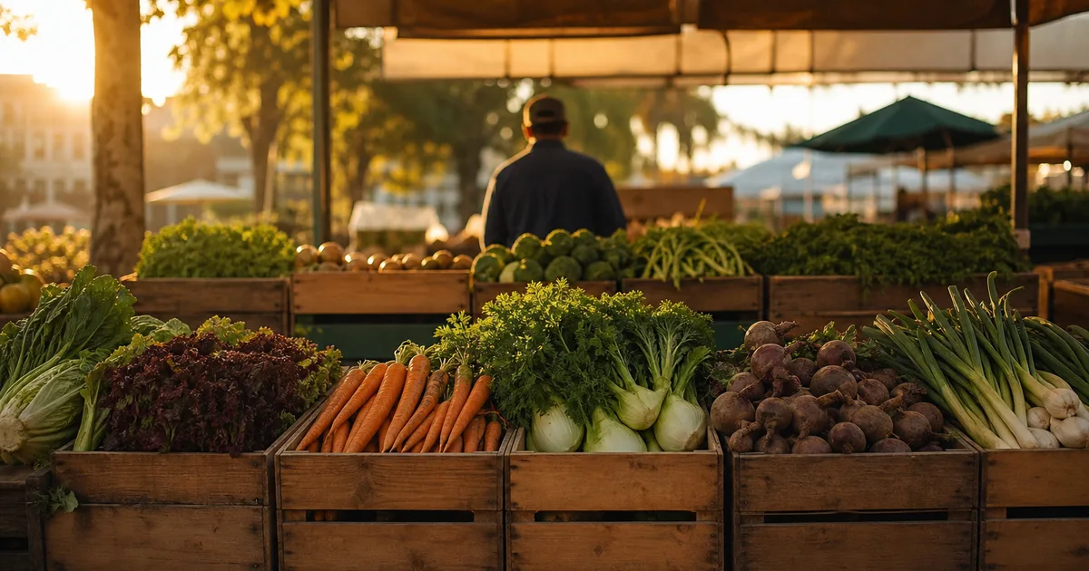 An open-air weekend market at golden hour, wooden crates of produce stacked in even rows along a stall, a vendor turned away in the background, warm low side