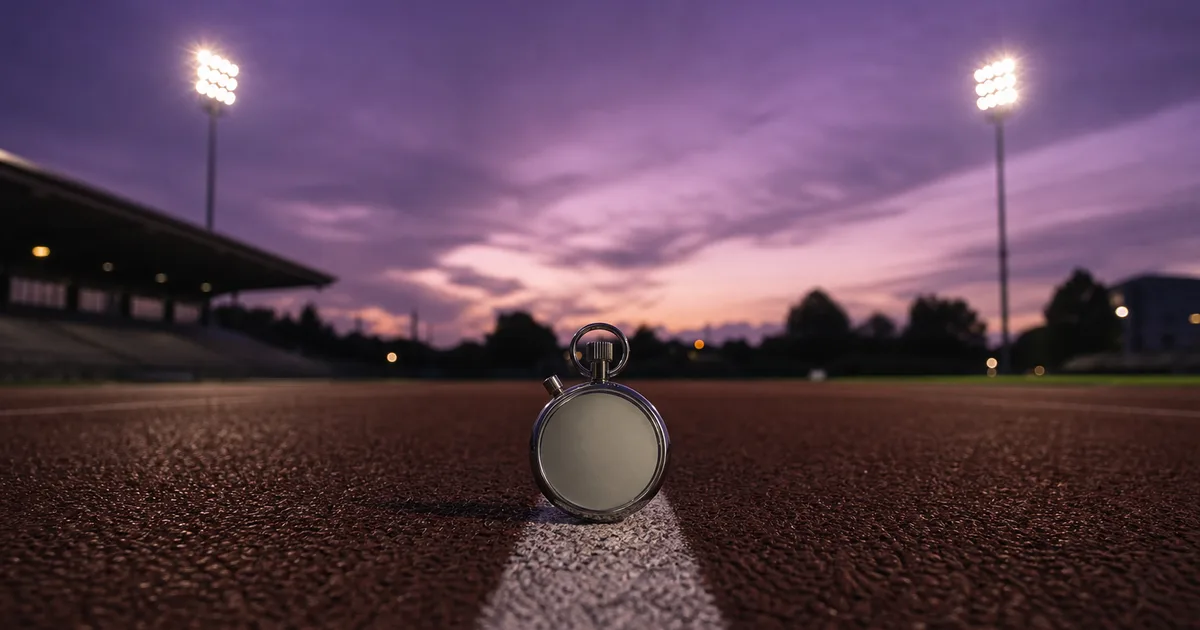 A running track at dusk with a single empty lane and a stopwatch resting on the painted white line, stadium floodlights just warming up against a violet sky