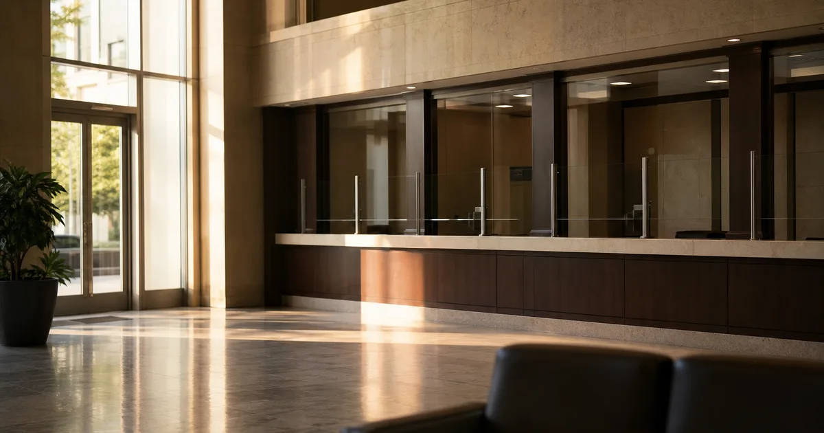 A bank branch lobby at opening hour, teller windows still closed, soft light through tall glass doors