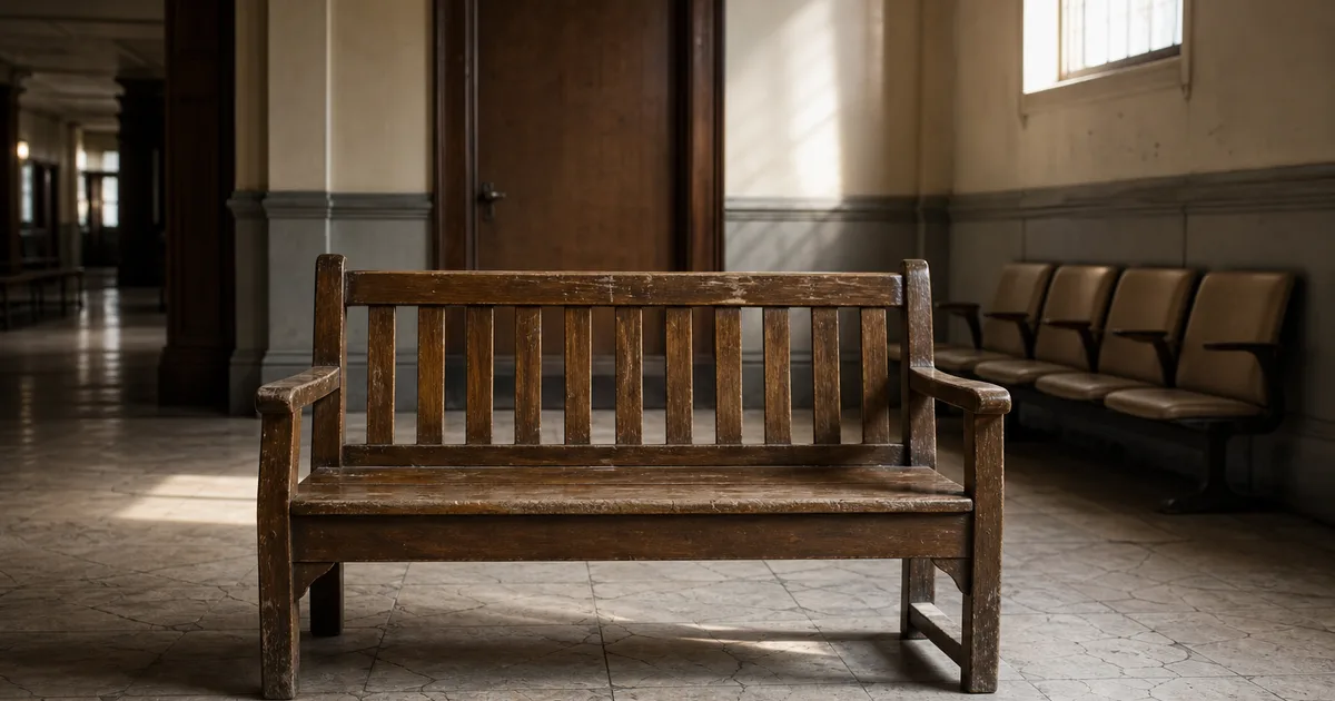A worn wooden waiting bench outside a closed office door in a municipal building, mid-morning light falling through a high window onto cracked tile, a row of