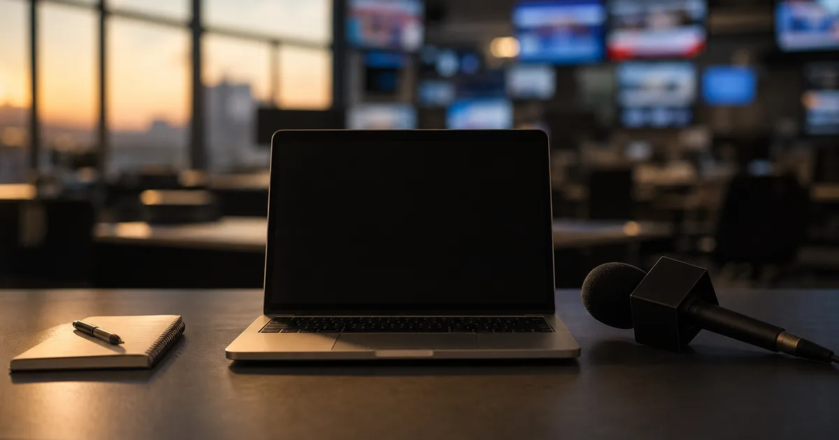 A newsroom desk at dusk with a laptop, a notebook and a press microphone, blurred screens in the background, focused warm light, no people