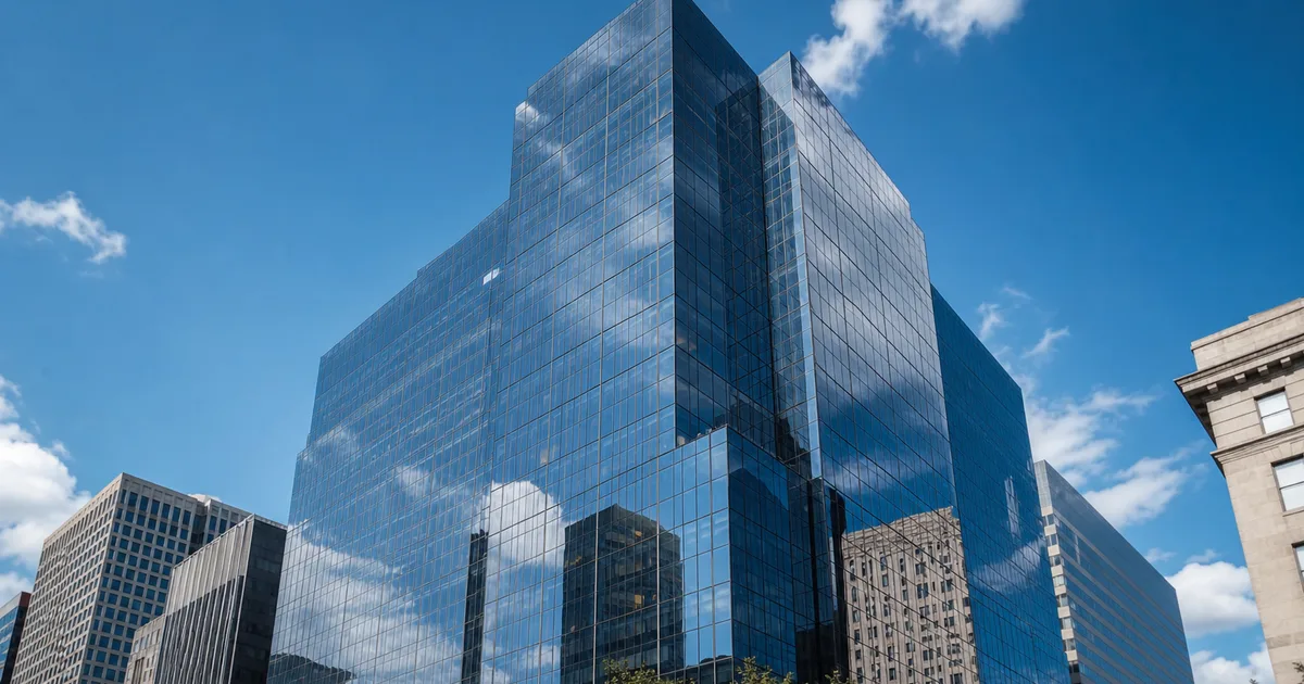 A software engineer working at a dual-monitor desk inside a large modern banking office building with floor-to-ceiling windows overlooking a city skyline