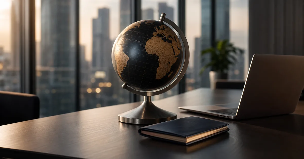 A globe and a passport on a desk beside a laptop in a corporate office with a city view, warm directional light, no people