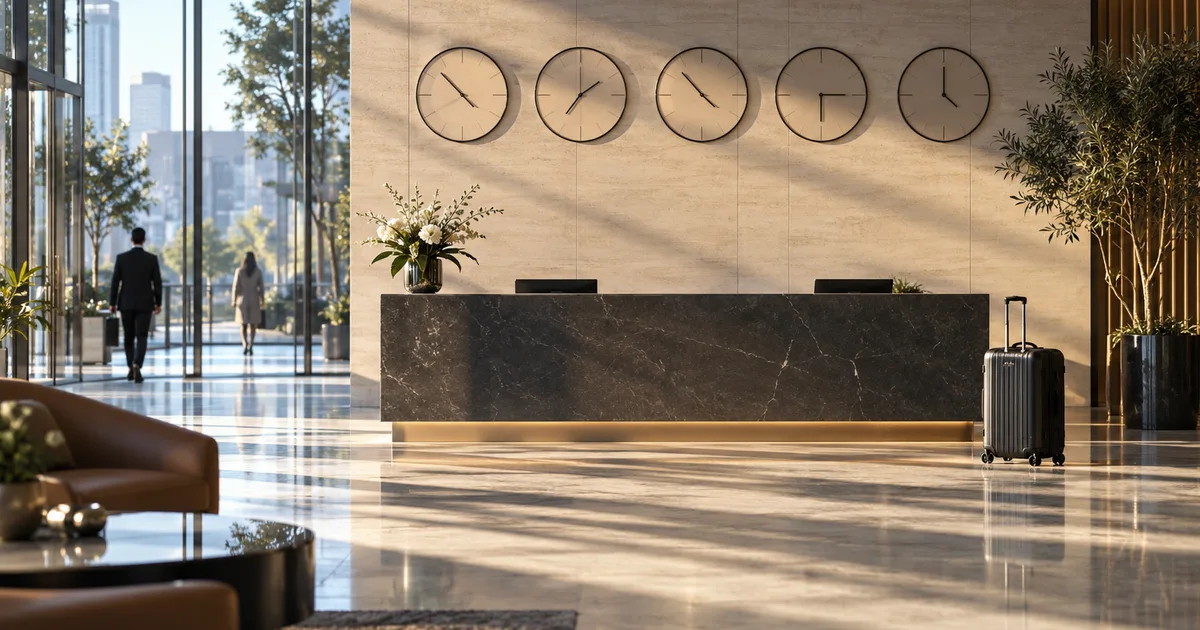 A multinational company's glass-walled lobby in bright morning light, a wall of minimalist clocks without numerals set to different time zones, a rolling