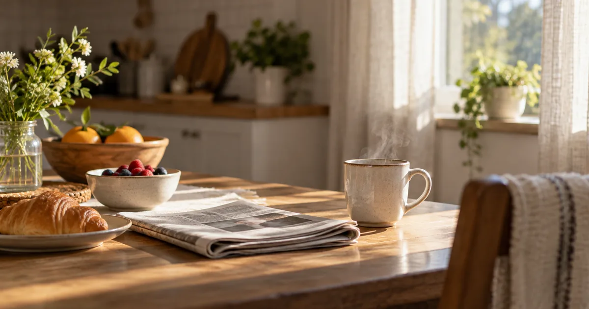 A woman reviewing a passport and immigration papers at a kitchen table beside a laptop in morning light.