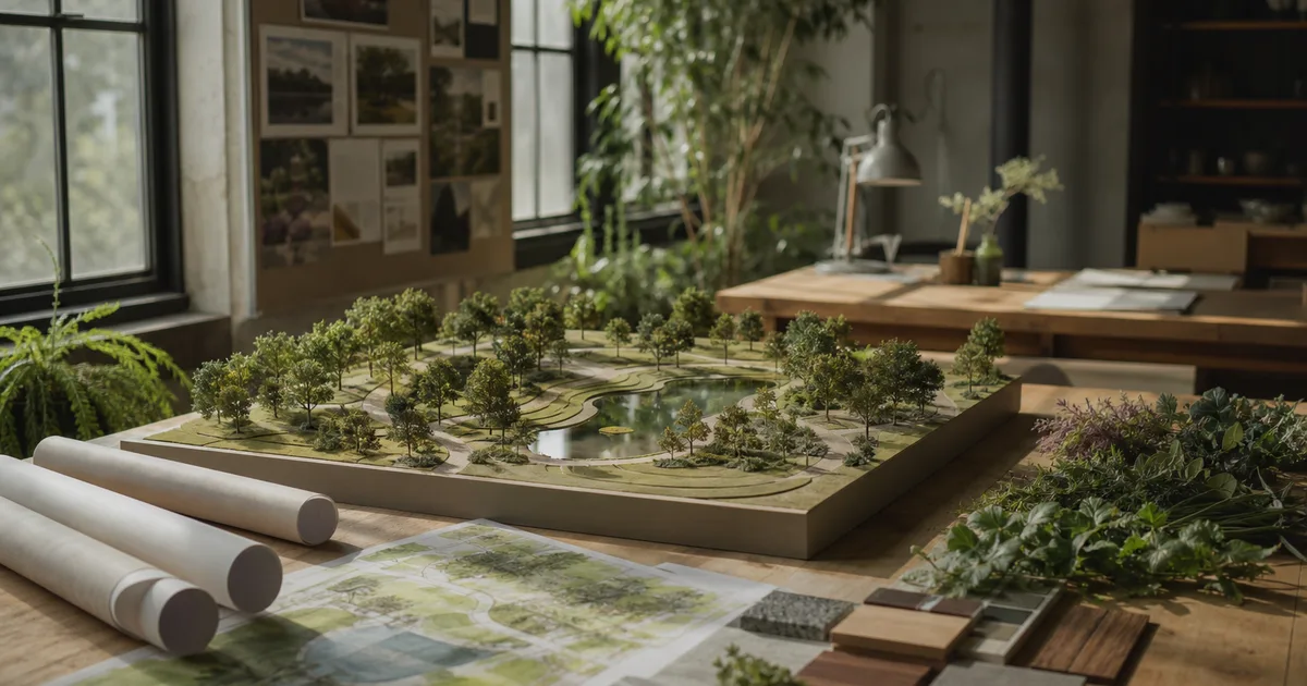 A landscape architecture studio with a site model of a park, rolled drawings and plant samples on a desk, warm natural light, no people