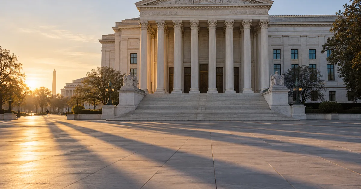 The white columns of a federal agency building in Washington at early morning, long shadows stretching across an empty stone plaza