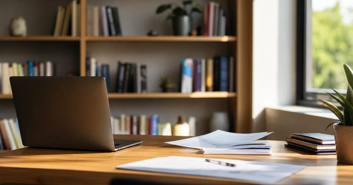 A professional calmly reviewing printed documents and a laptop in a bright home office setting with bookshelves and a window with afternoon light