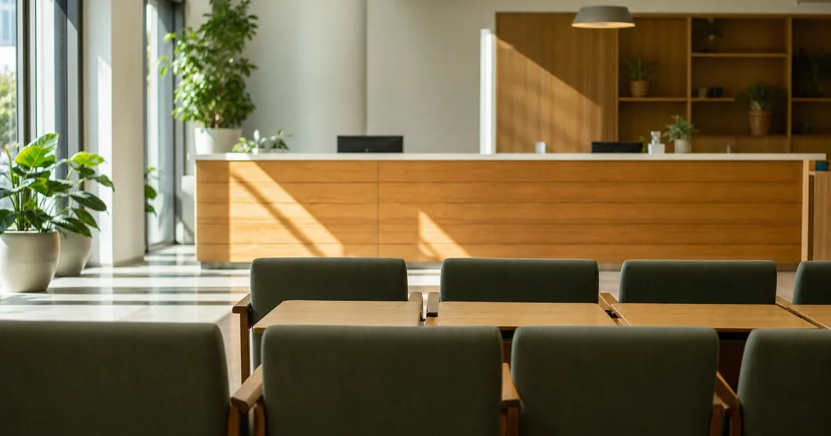 A campus international student services waiting area at mid-morning, empty chairs facing a sunlit reception counter