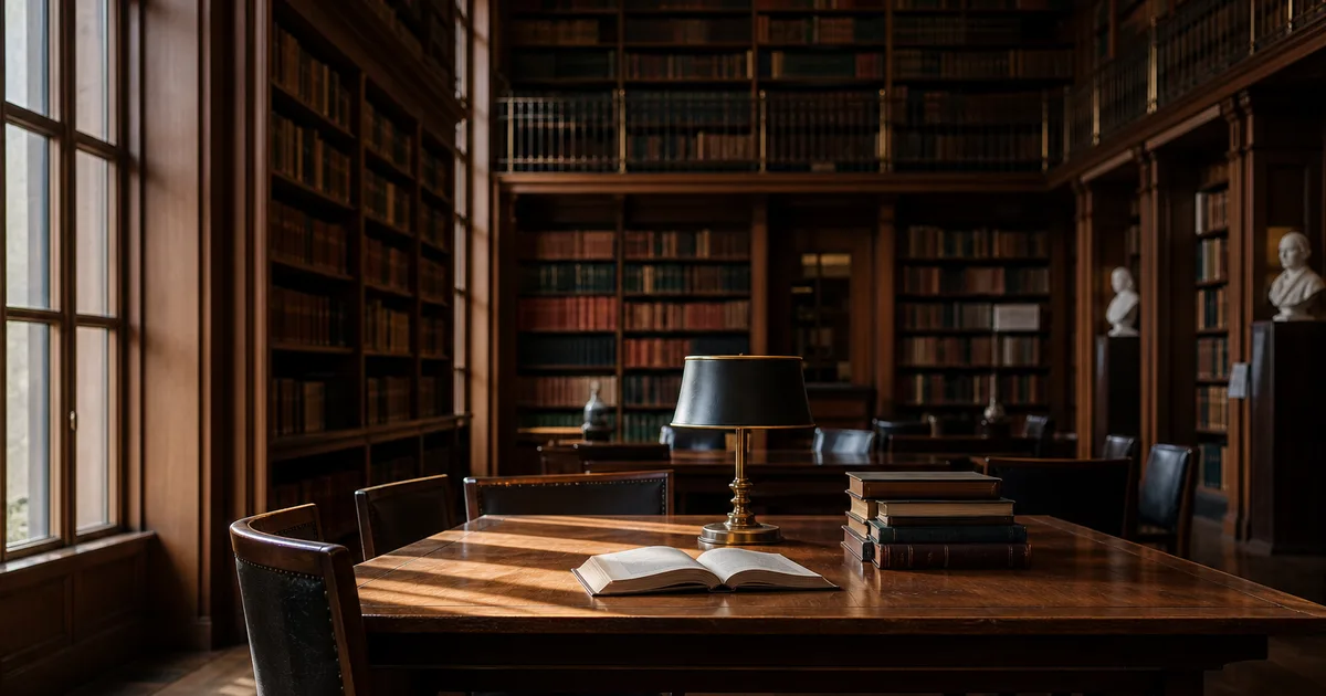 A grand academic library with tall shelves of books and a reading table lit by a window, scholarly warm light, no people
