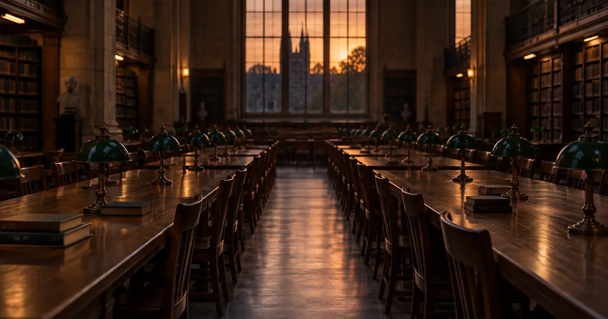 A student at a laptop in a university library, campus buildings visible through the window behind them