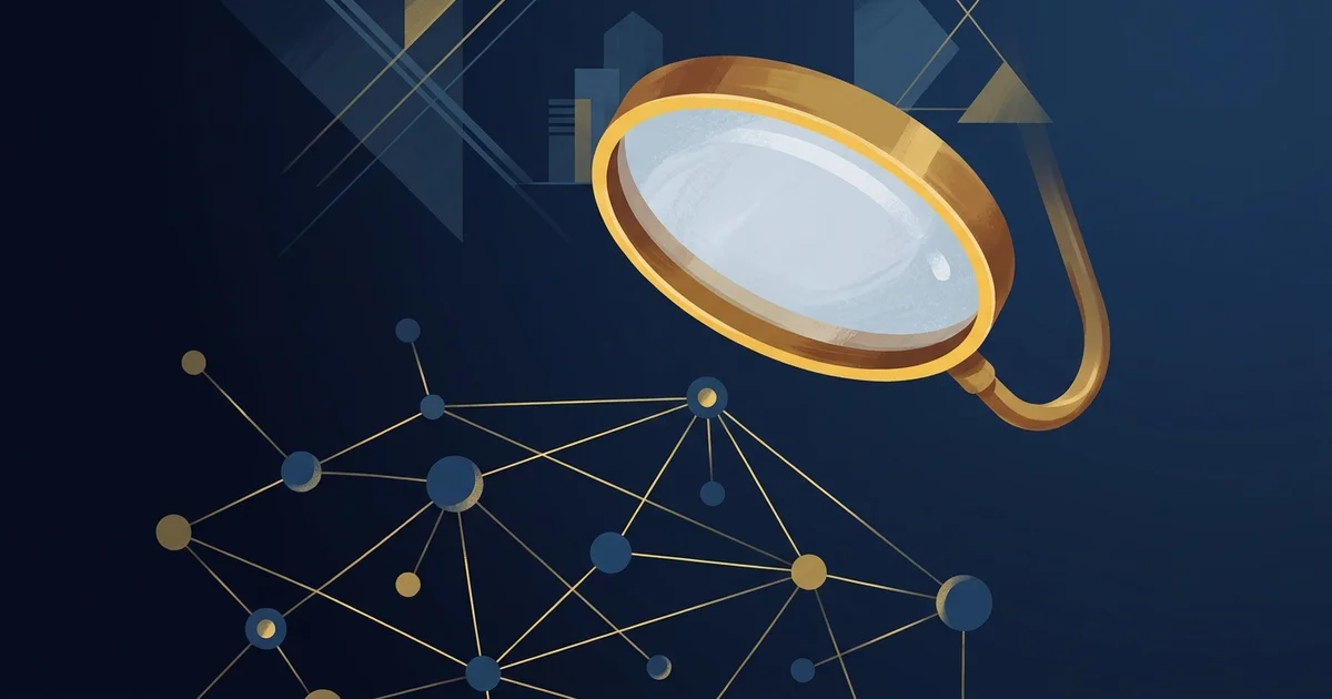 A magnifying glass scanning a network graph of interconnected nodes representing professionals and companies.