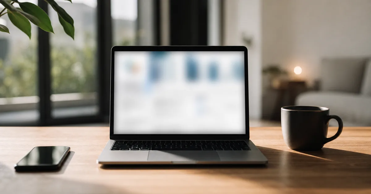 A laptop on a tidy desk showing a blurred professional profile page, a phone and coffee beside it, bright modern light