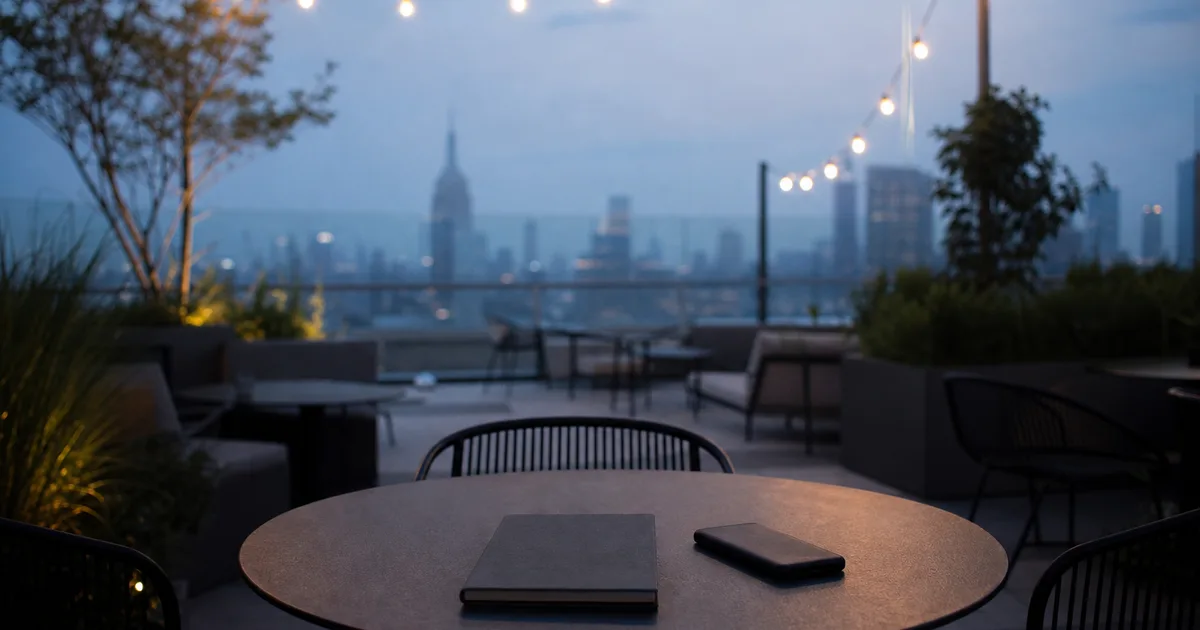 A rooftop co-working terrace at blue hour above a hazy city skyline, an empty bistro table holding a closed notebook and a phone lying face down, string