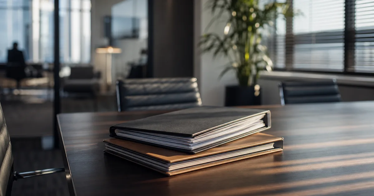Two stacked legal folders on a modern conference table in a bright office, natural light filtering in through venetian blinds, potted plant in the background