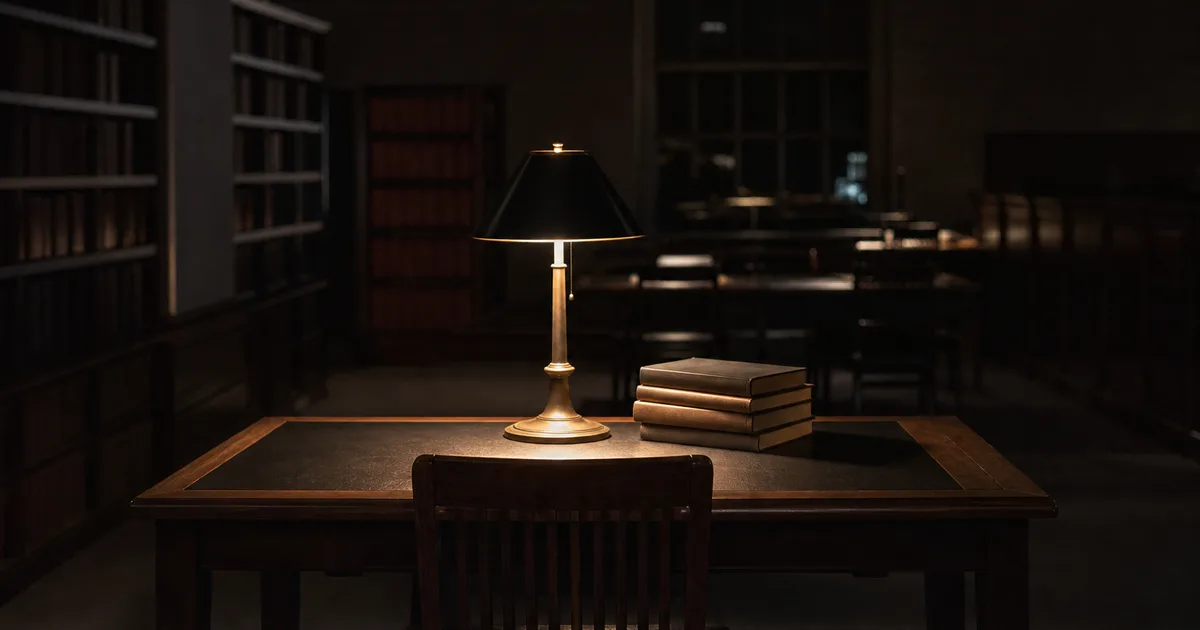A law school reading room at night, tall bookshelves and a single desk lamp glowing in the dark