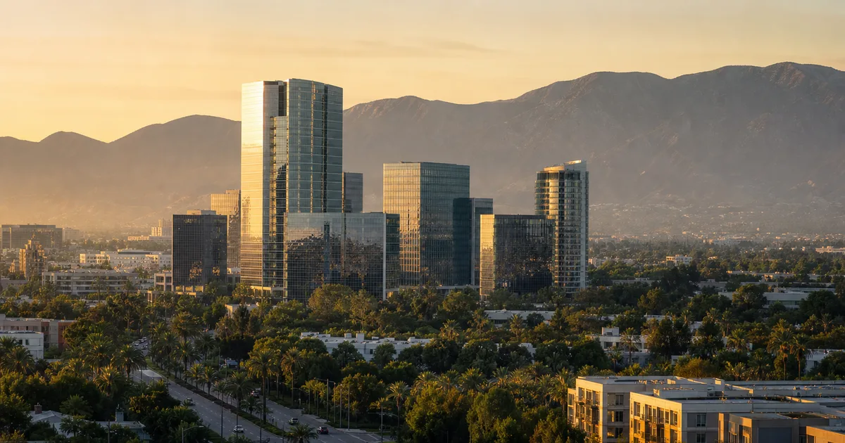 Century City glass office towers rising above tree-lined boulevards at golden hour, the Santa Monica Mountains hazy in the background under warm California