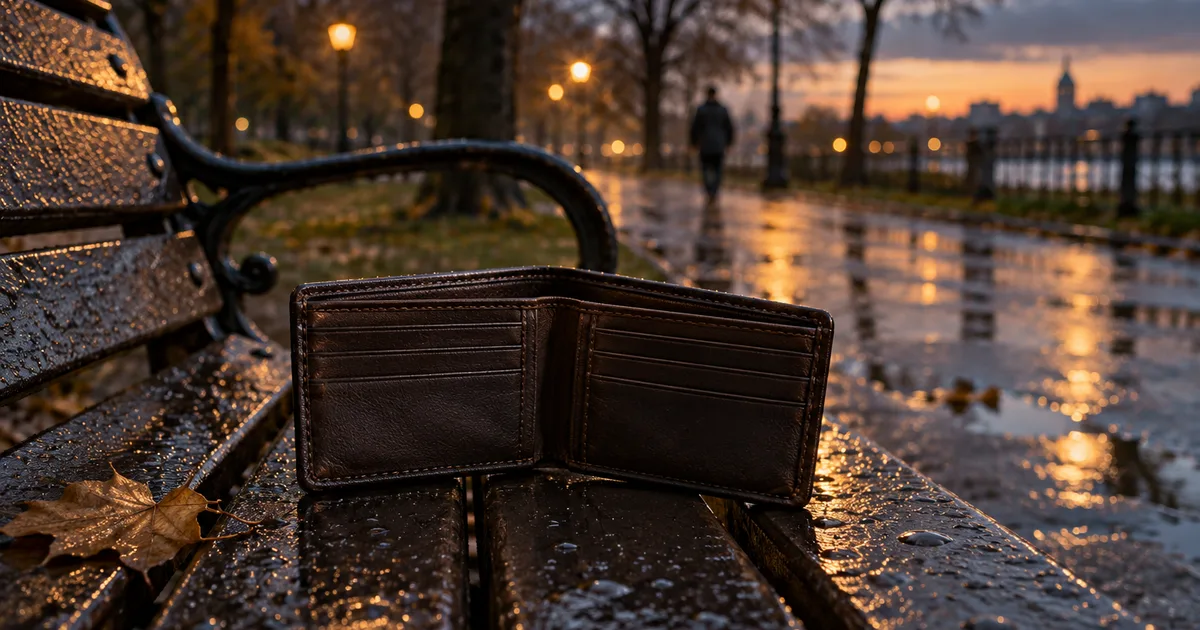 An open wallet with empty card slots lying on a rain-wet park bench at dusk, streetlamp glow and puddle reflections, a quiet sense of something missing
