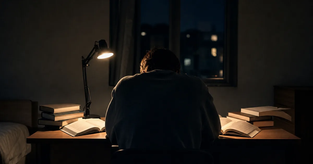 A determined young professional reviewing documents at a library desk with a laptop open and sticky notes nearby