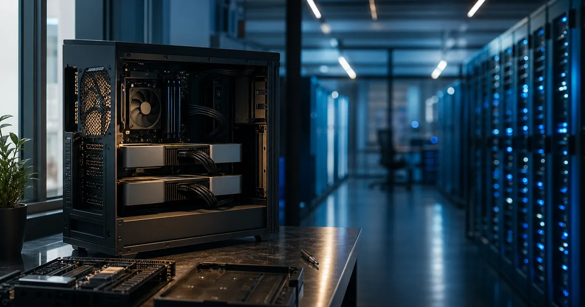 A sleek workstation with GPU hardware and a server-room aisle of glowing racks in soft bokeh behind it, cool blue ambient light