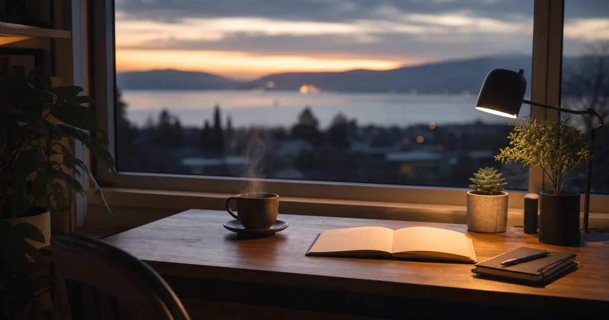 A soothing scene of an empty desk by a large window at dusk with a warm cup of tea and plants, calming soft light