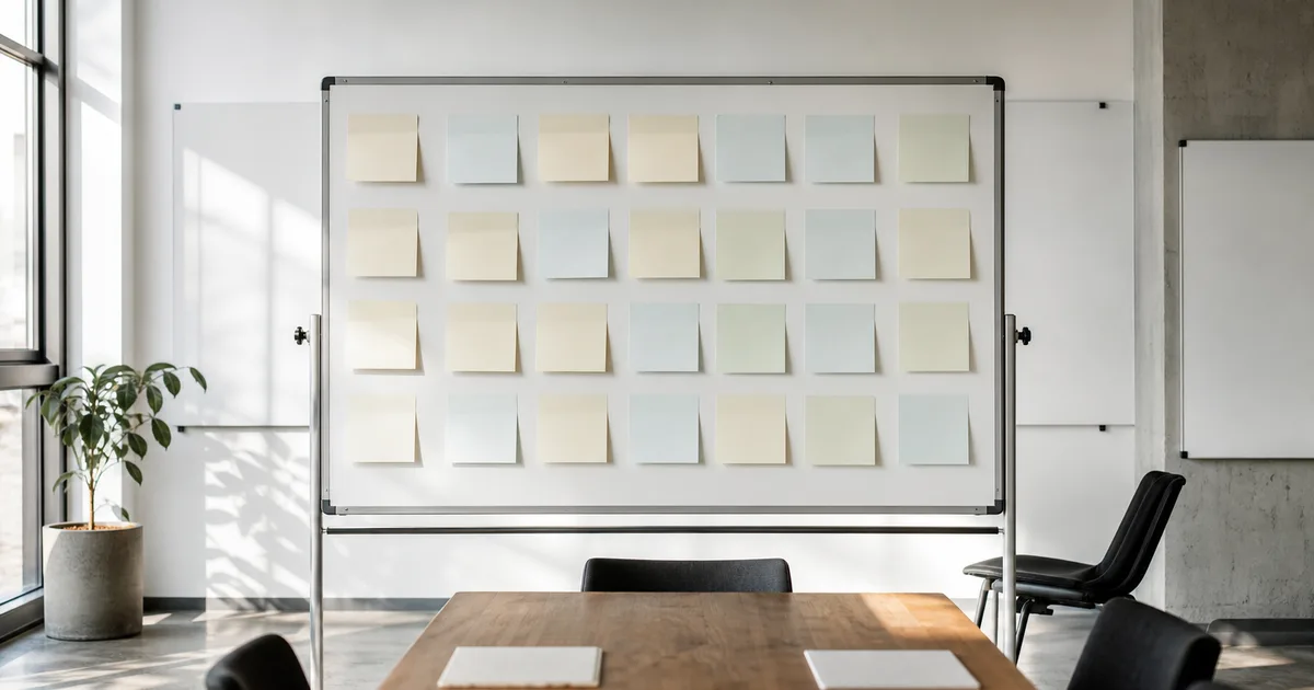 A whiteboard-lined project room at midday with an empty planning board covered in blank sticky notes, chairs pushed back from a long table, bright diffuse