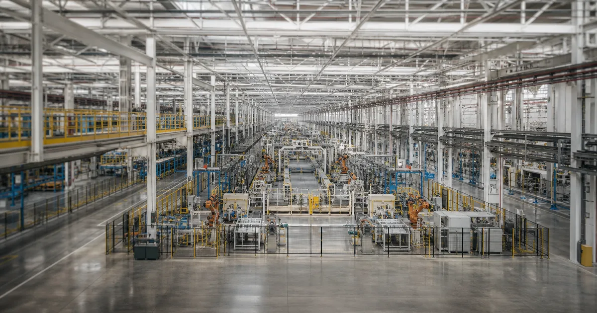 A manufacturing engineer in a hard hat and safety glasses reviewing process equipment on a modern semiconductor fabrication floor