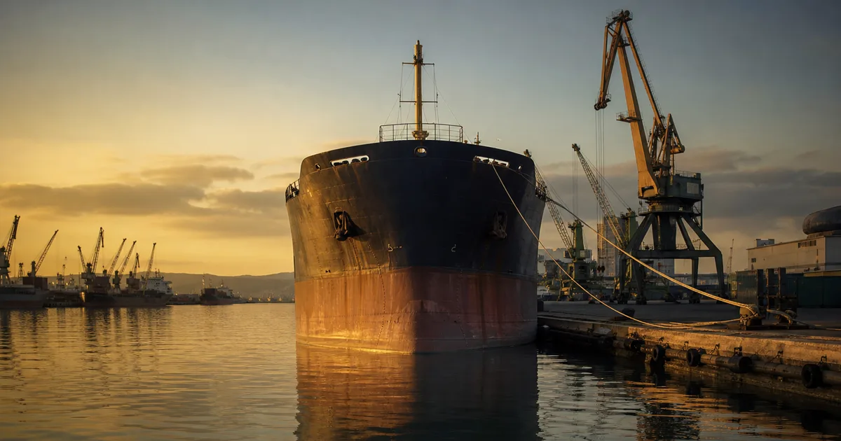 A harbor at golden hour with a large ship hull and dockside cranes, calm water reflecting warm light, no people