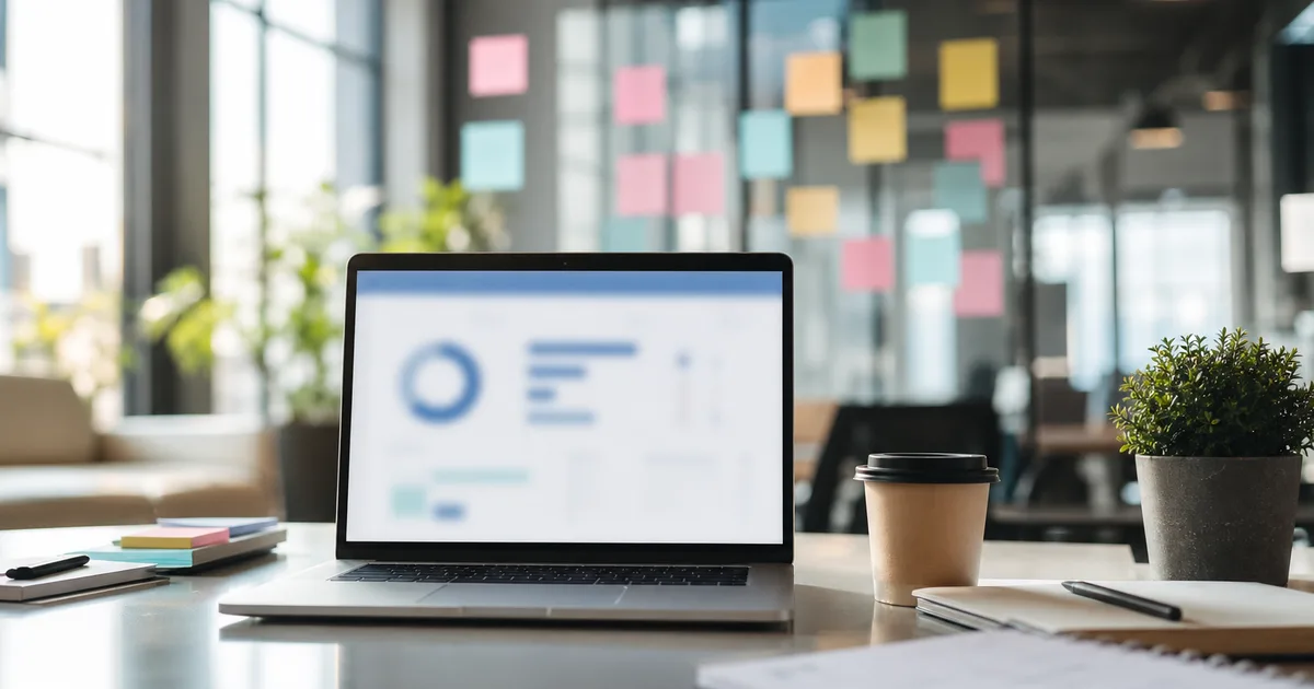 A bright research office with a laptop showing blurred survey charts, sticky notes on glass and a coffee, clean modern light, no readable text, no people