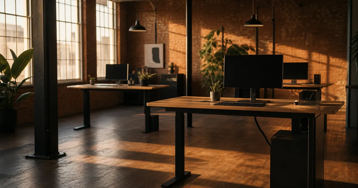 A marketing agency's open loft office at golden hour, exposed brick walls and empty standing desks