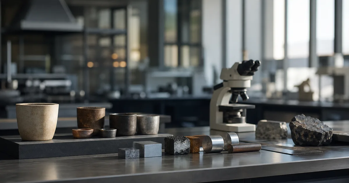A materials lab with sample crucibles, a microscope and metal specimens on a clean bench, cool focused light, shallow focus, no people