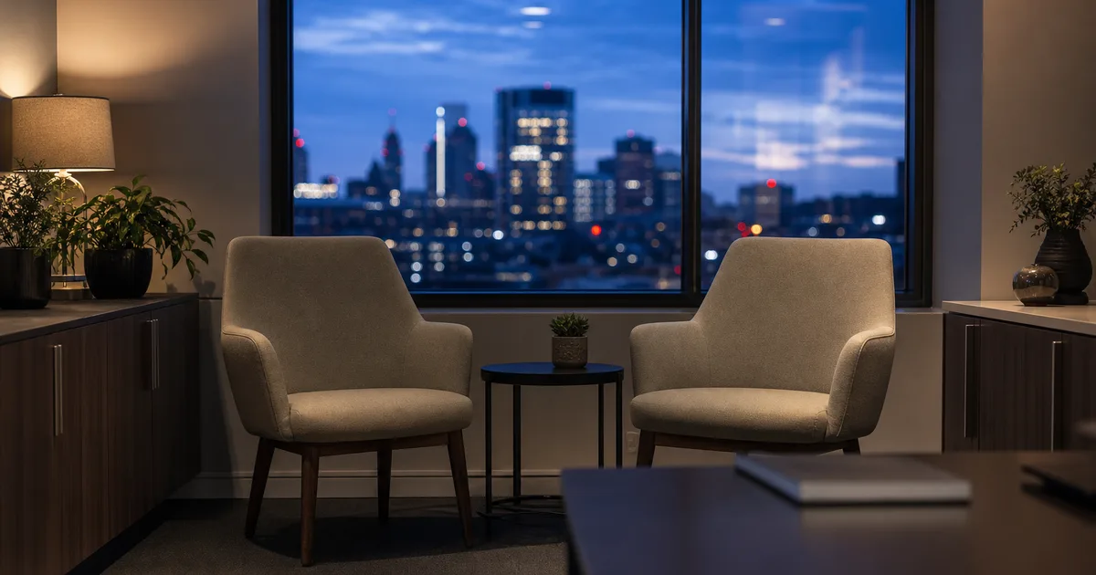 A business school career center office at blue hour, empty consultation chairs and city lights through the window