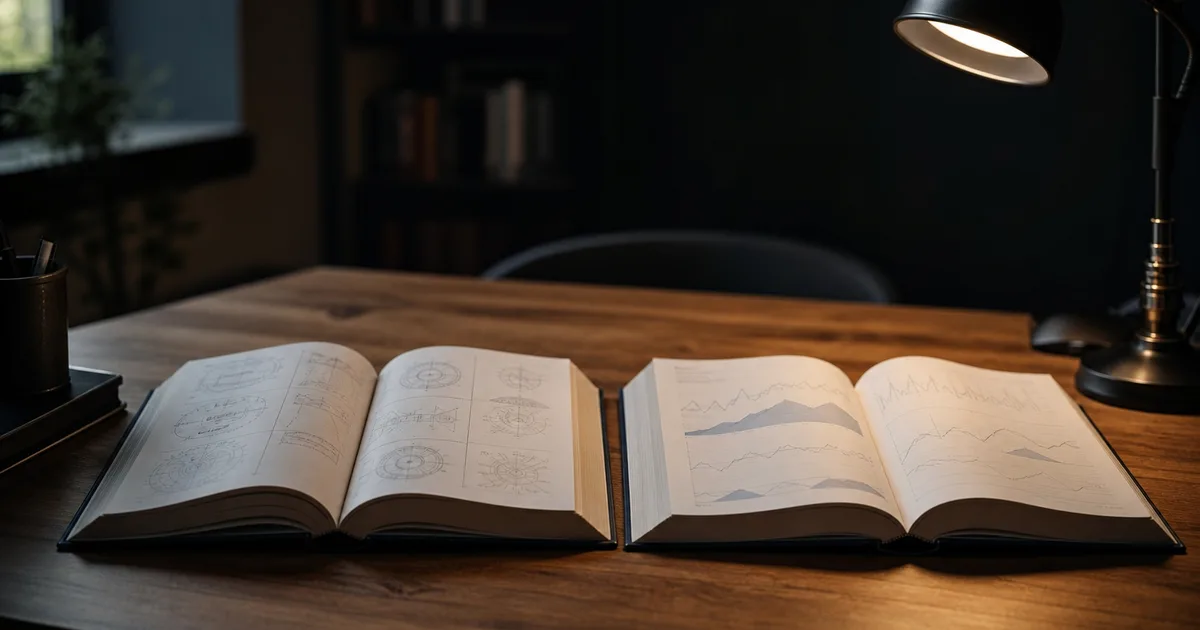 Two open textbooks side by side on a wooden study table, one showing engineering diagrams and the other showing financial graphs, lit by a focused desk lamp
