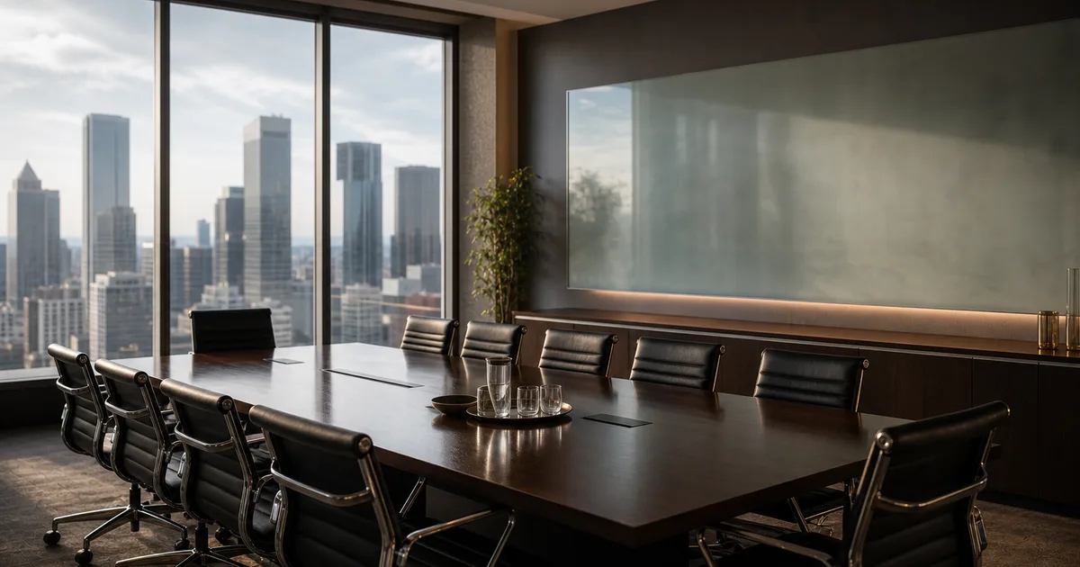 An executive boardroom with a sweeping city view, a glass whiteboard with abstract blurred frameworks, leather chairs around a table