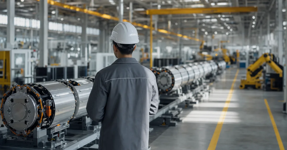 A mechanical engineer in a hard hat examining a large cylindrical battery module on a production line inside a brightly lit gigafactory with yellow safety
