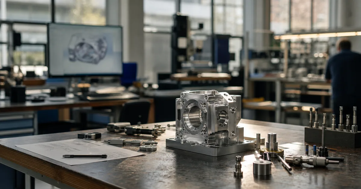A bright engineering workshop with precision tools and a metal prototype on a workbench, a blurred CAD screen in the background