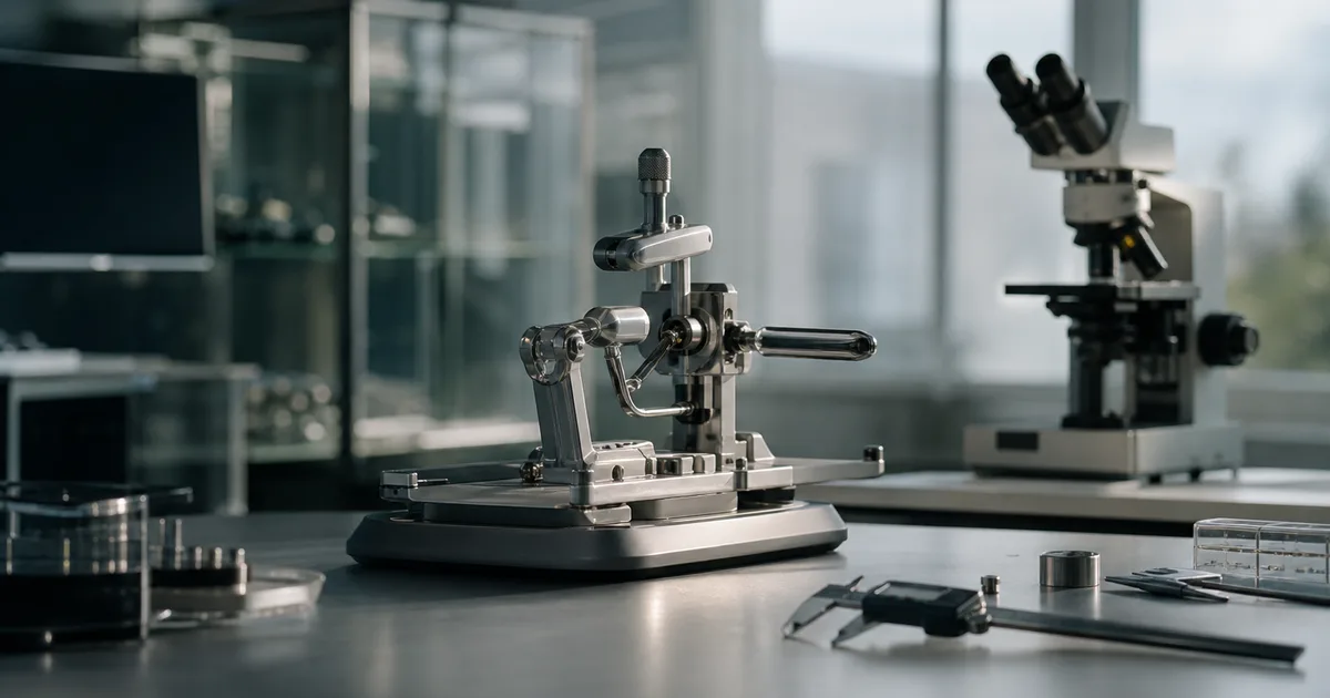 A medtech R&D lab with a precision device prototype on a clean bench, calipers and a microscope, cool clinical light, no people