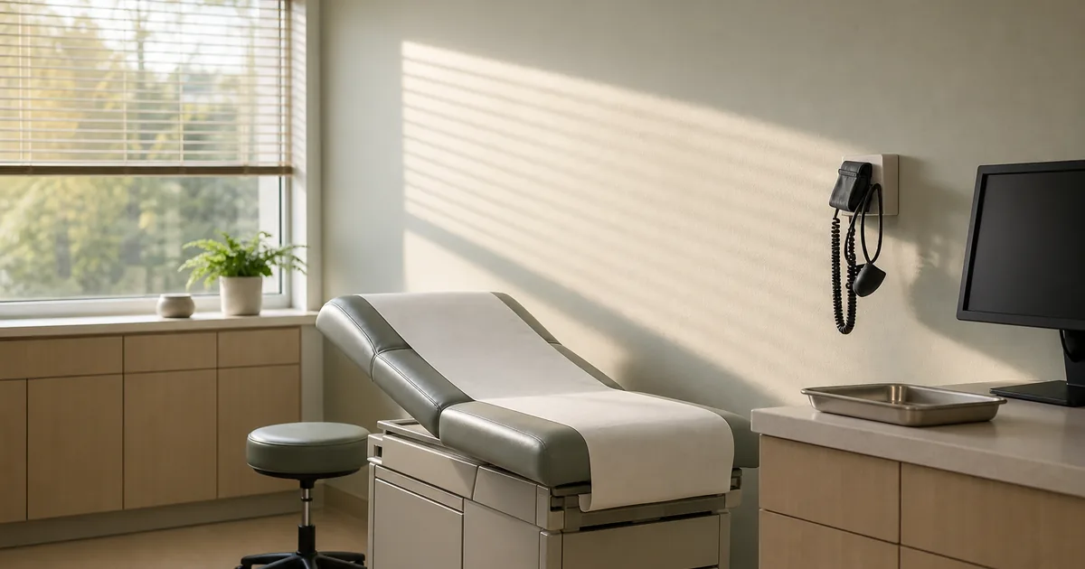 A linear accelerator treatment room in a radiation oncology department, empty and softly lit, with the gantry and patient couch in clean geometric alignment