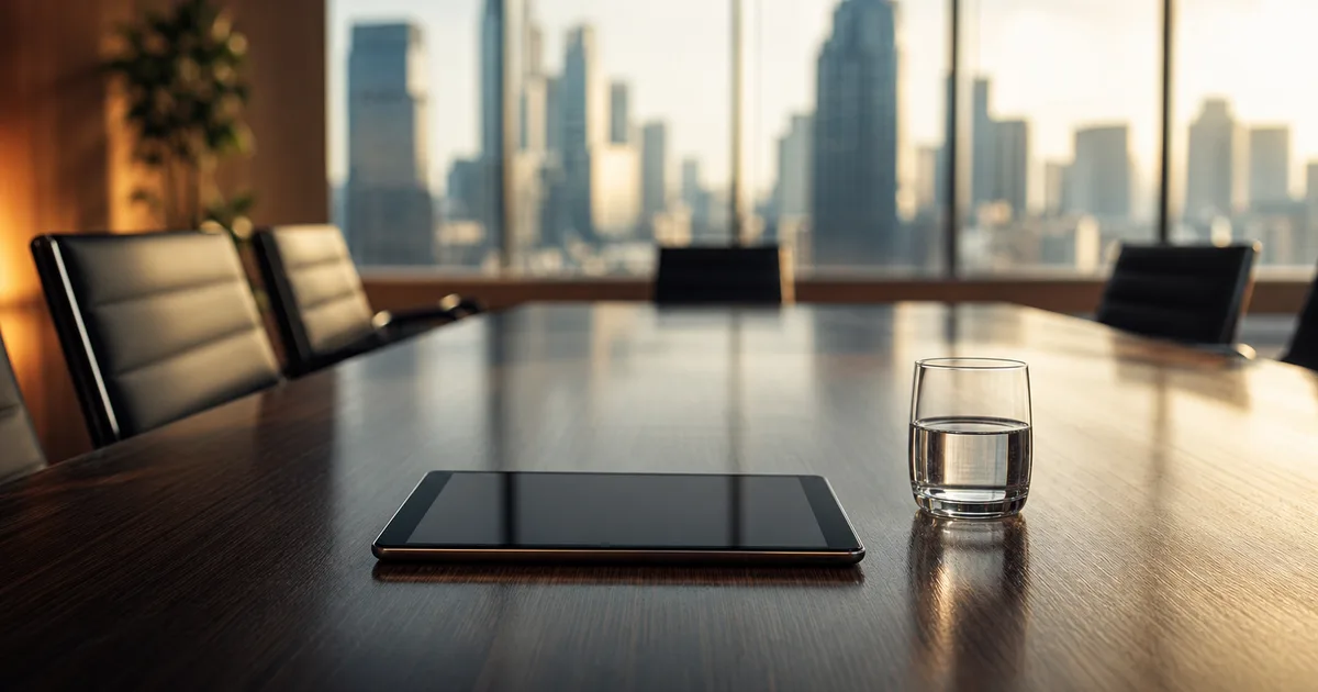 A professional setting with a sleek conference table, a tablet and a glass of water by a window with city view, warm corporate light, no people