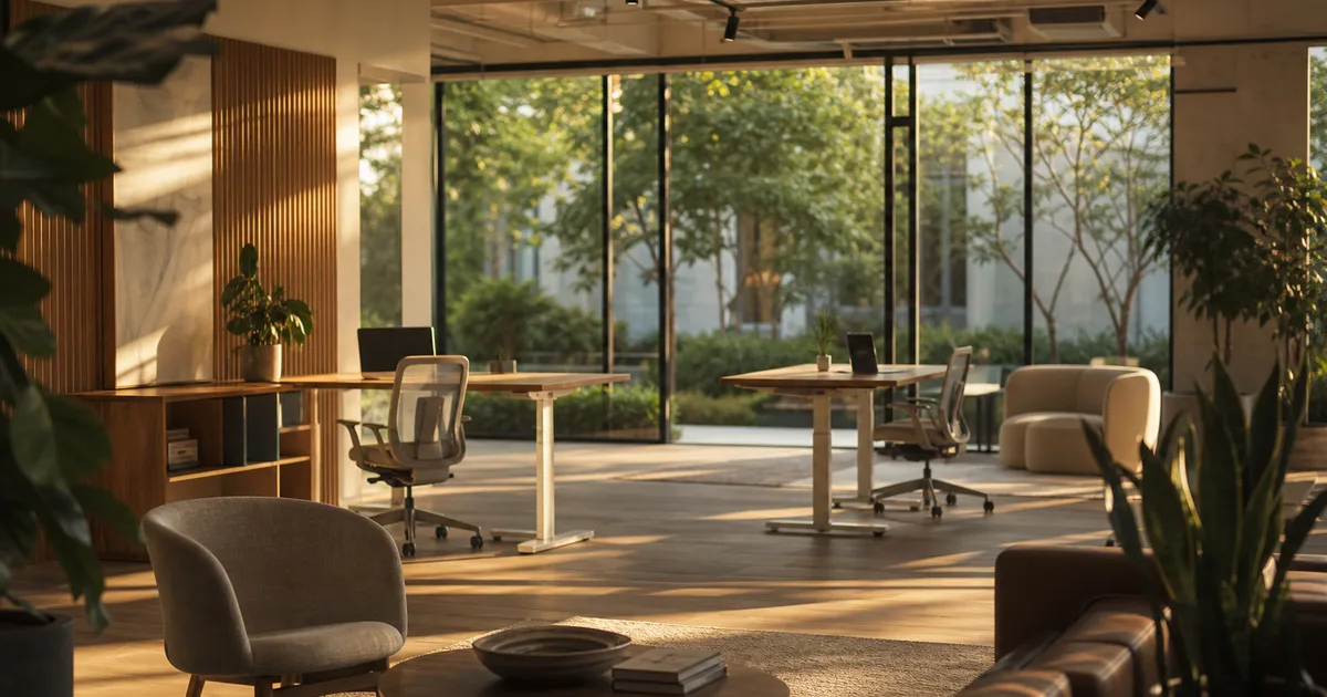 A software engineer reviewing code on dual monitors in a modern open-plan office, afternoon light through floor-to-ceiling windows