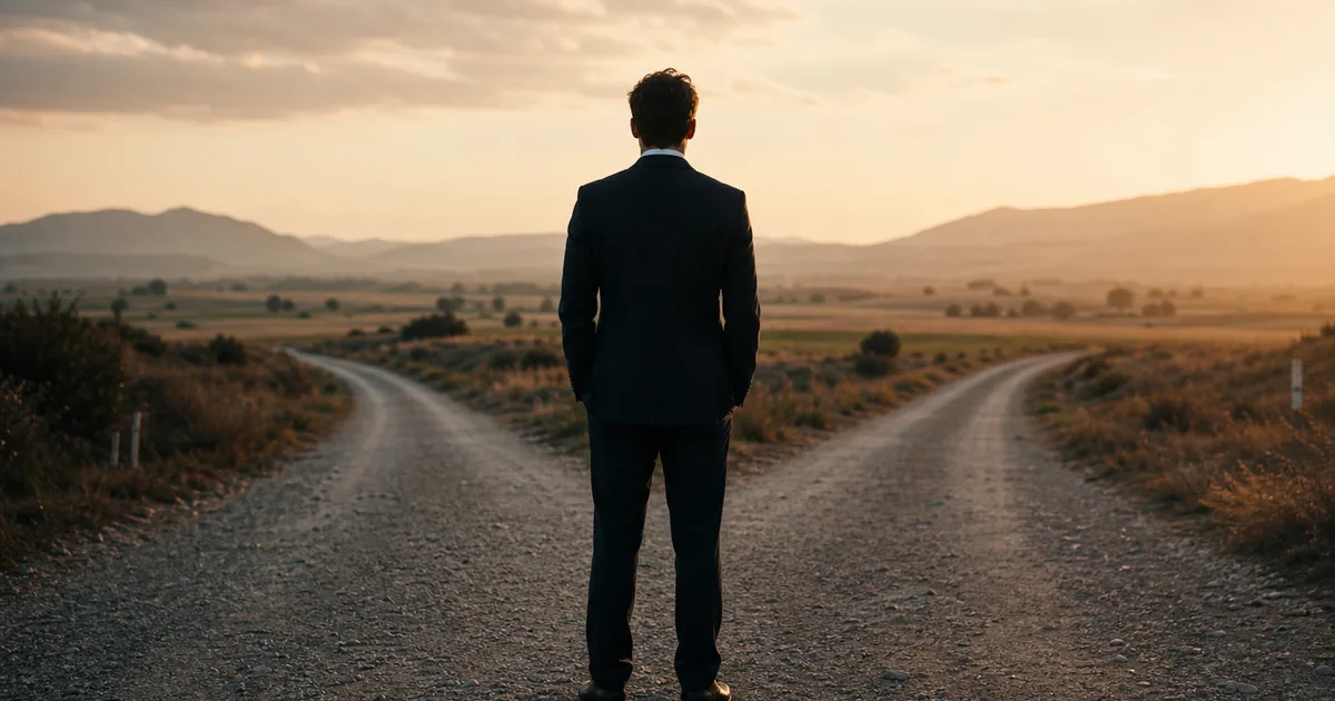 A professional standing at a crossroads on an open road at golden hour, two signs pointing in different directions, soft warm light, rural landscape