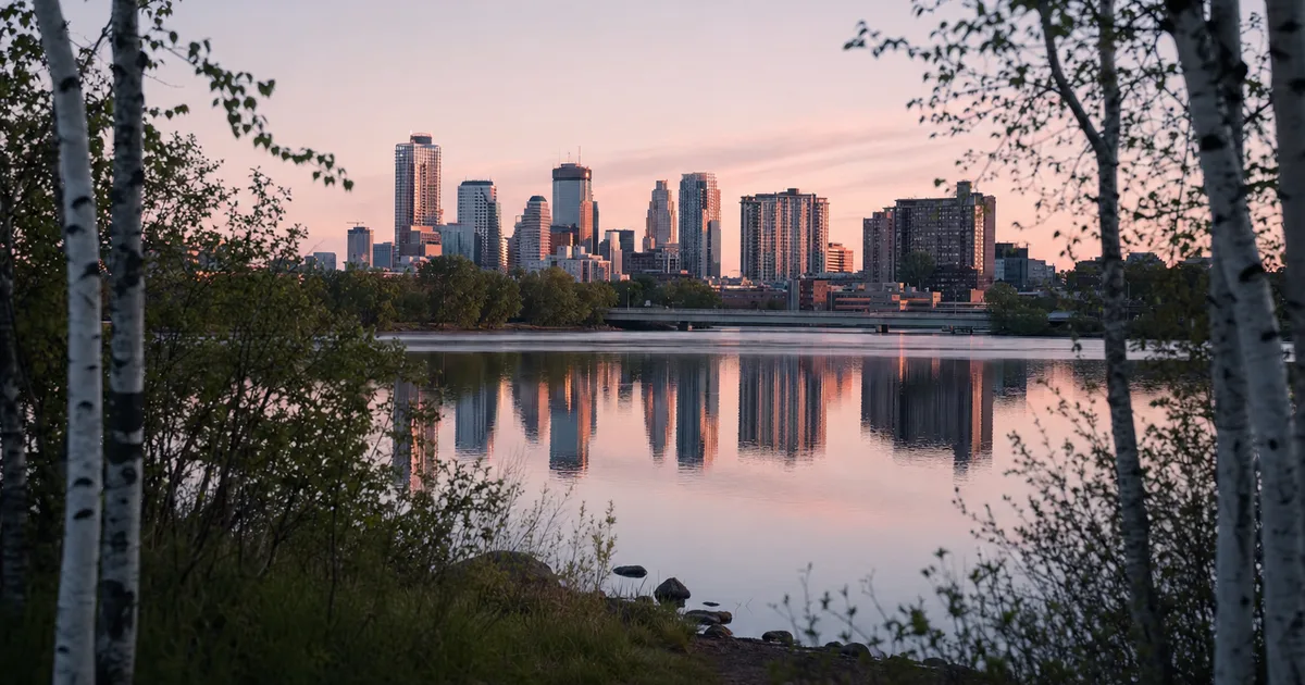 Minneapolis skyline reflected in calm lake water at sunrise, a ring of downtown towers framed by Minnesota birch trees with soft pink morning light