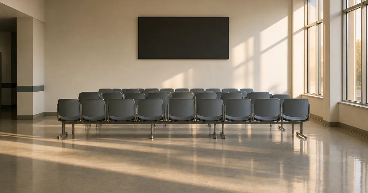 An empty waiting room at the end of the day with rows of vacant chairs, a dark numbered display screen and low evening light through tall windows