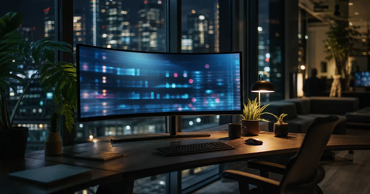 A data visualization dashboard glowing on a curved ultrawide monitor in a dimly lit analytics office, surrounded by potted plants and floor-to-ceiling