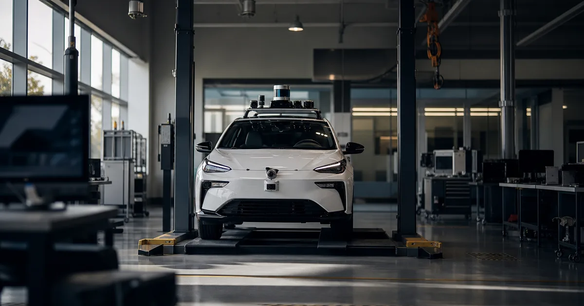 A sleek autonomous vehicle testing garage with a white sensor-laden prototype car on a lift surrounded by engineers' workstations, overhead industrial